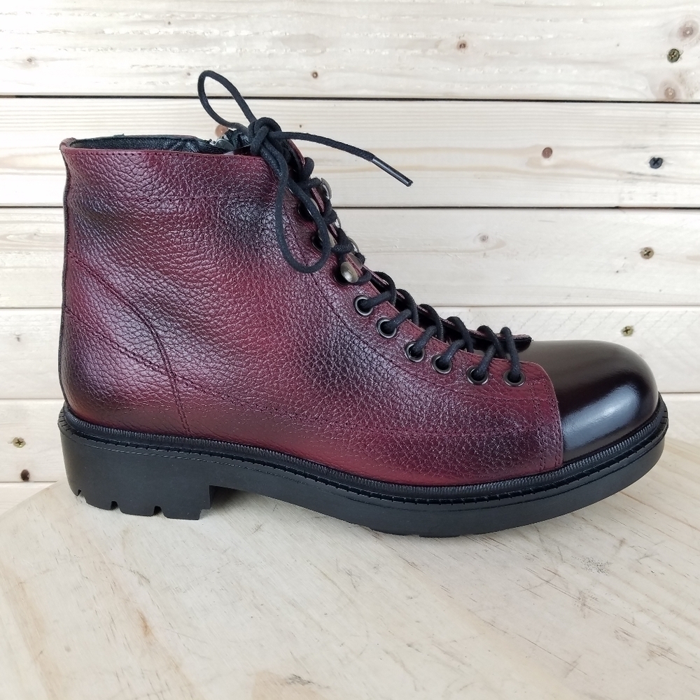 Men's Boots 9 M 100% Genuine Leather Burgundy Biker Paul Branco Side Zip Lace-up